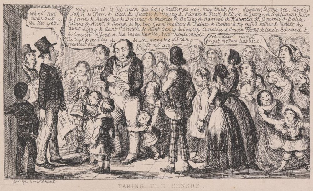 George Cruikshank, Taking the Census (1851), plate 3 from The Comic Almanack for 1851, published by David Bogue, London. 
It features a cartoon drawing of an extensive family and a census taker. The census taker is asking, "What! Not made out the list yet?!" The head of the household explains that "it isn't such an easy matter as you may think for" and proceeds to give a hilariously long list of various relatives' forenames.