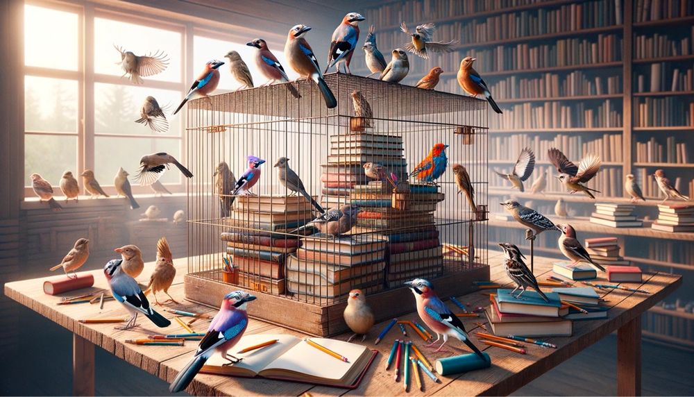 Des oiseaux et des livres enfermés dans une cage située dans une bibliothèque. D'autres oiseaux et beaucoup d'autres livres à l'extérieur de la cage.
