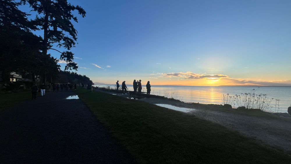 Sunset at Crescent Beach with trees and people in silhouette