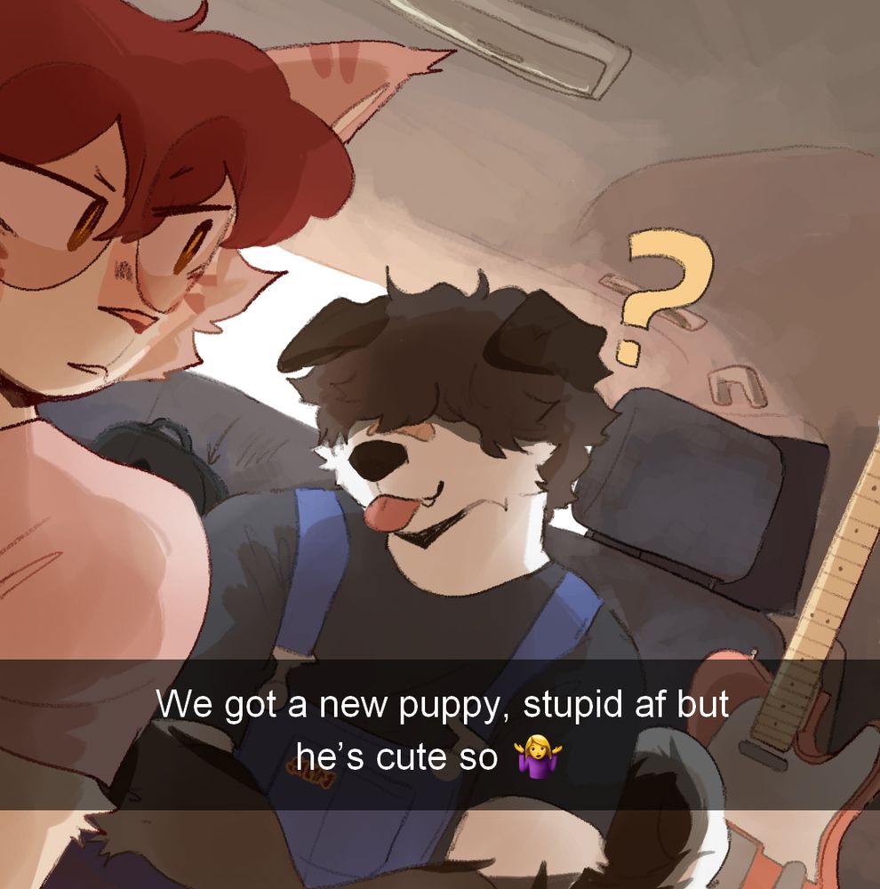 mock snapchat of a scruffy dog character with the text "We got a new puppy, stupid af but he's cute so [shrug emoji]"