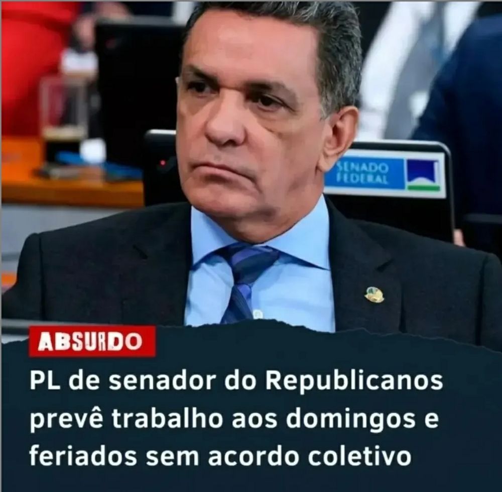 Senador do Republicanos faz PL para que haja trabalhos aos domingos e feriados, sem acordo coletivo, enquanto isso eles trabalham três dia por semana. Os trabalhadores tem que se ligar e no ano que vem presta atenção em quem vota para deputados e senadores.