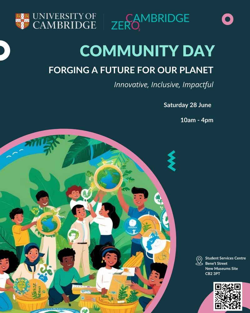 Poster of Cambridge Zero Community Day with title, picture of children working on planetary matters and QR code available.