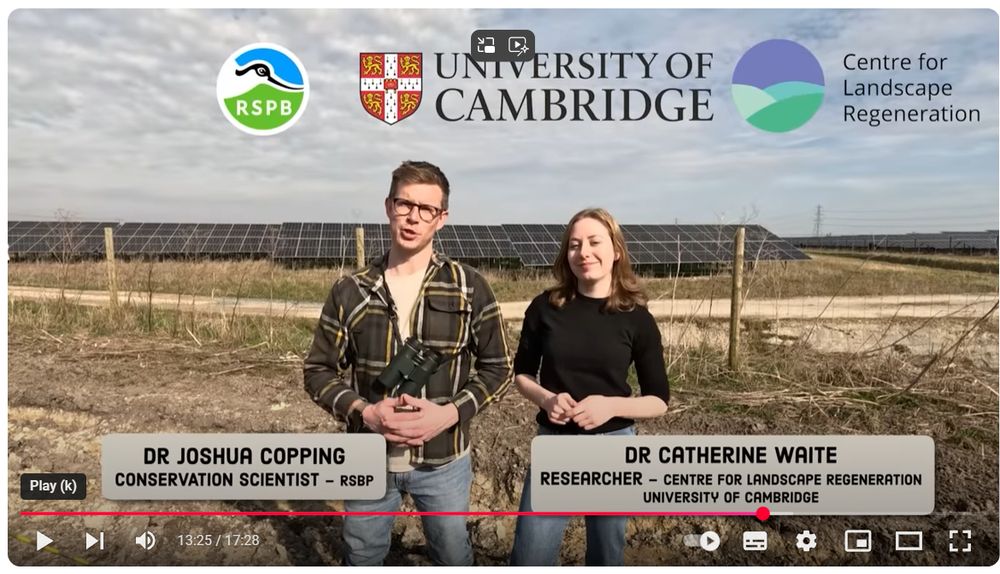 Dr Joshua Copping and Dr Catherine Waite on a screenshot of video featuring their research. Logos of RSPB, Univ of Cambridge and the Centre for Landscape Regeneration on the top