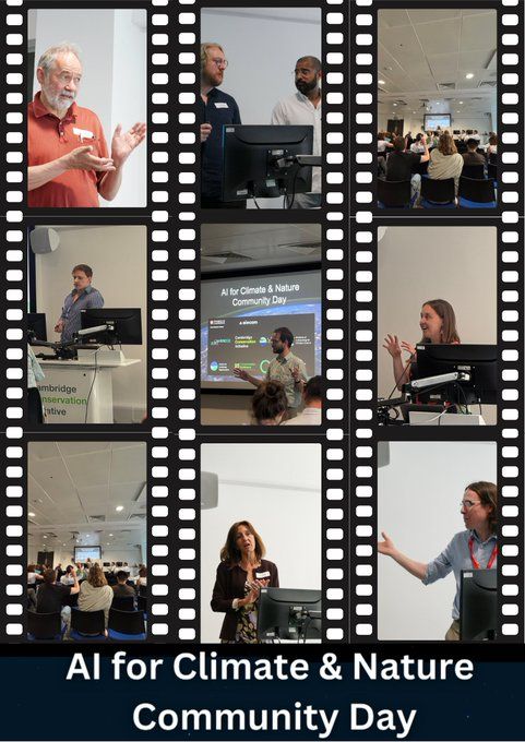 Collage of six photos from the AI for Climate & Nature Community Day, showing various speakers presenting to the audience