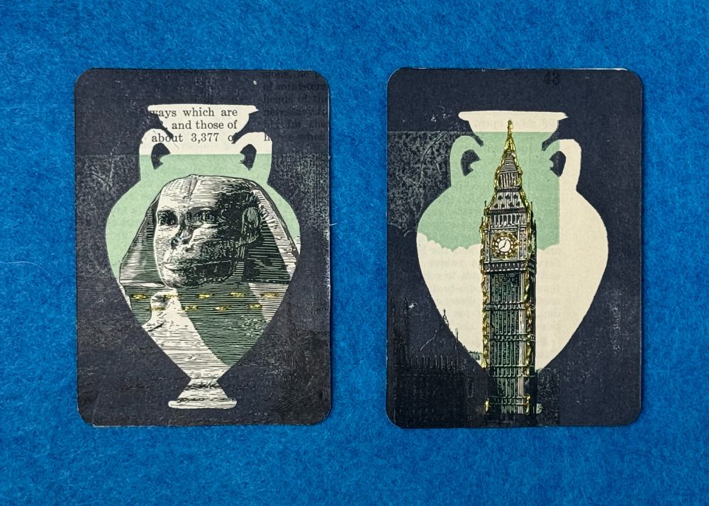 2 2.5 X 3.5" art trading cards with an illustration of the Sphynx and Big Ben framed by the silhouette of a vase.
