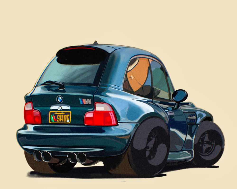 Digital painting caricature illustration of a 1998-2002 BMW M Coupé, rear 3/4 view, done in Procreate. It has a New Mexico “Chile Capitol of the World” license plate