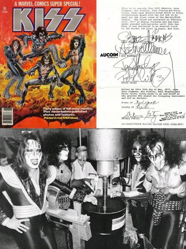 KISS comic, some legal nonsense text. And an image of four members of KISS putting their blood into an ink well.