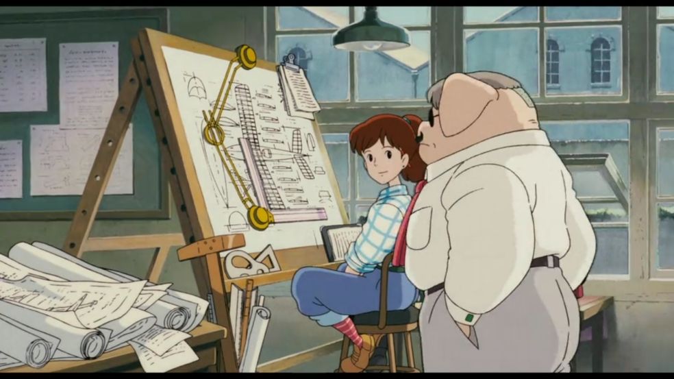 A pig and a girl designing a plane.