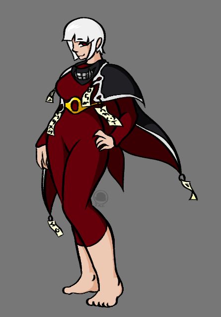 an image of a woman with white hair and red eyes. she is wearing a red body suit, and a cloak adorned with paper talismans. she has a decoration that looks like a mouth around her neck and a metal belt around her waist
