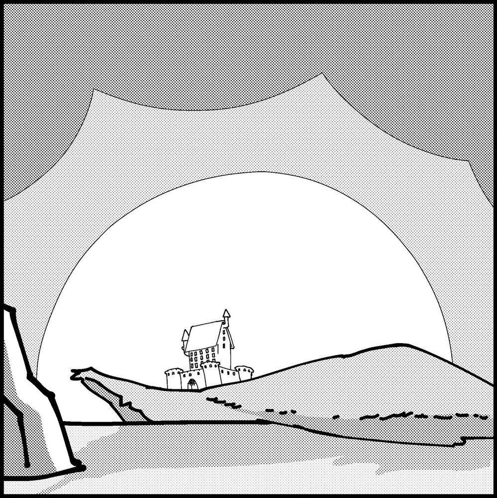 The familiar establishing shot of Nox Islia from Avi & Aquila, framed by the dawn, but in the style of the text comics.