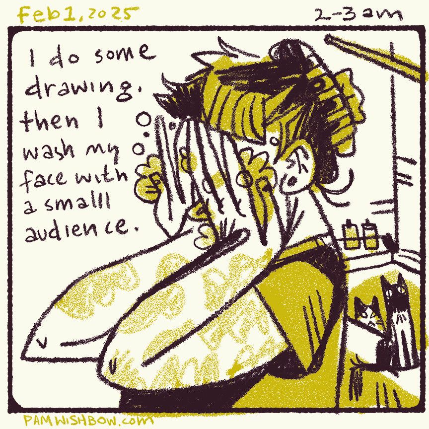 comic panel of an illustrated person washing their face with two cats in the background, says "I do some drawing, then I wash my face with a small audience"
