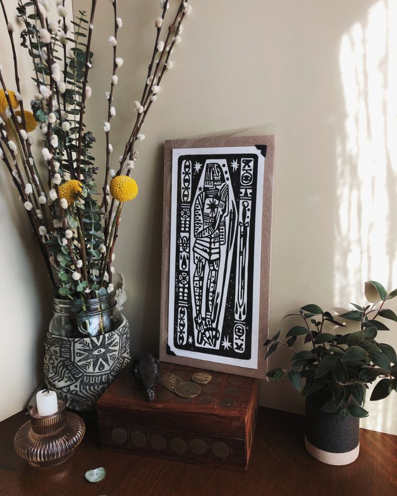 linoleum print of a knight