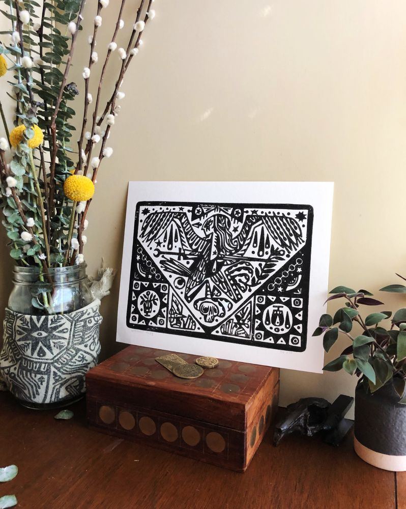 linoleum print of a harpy