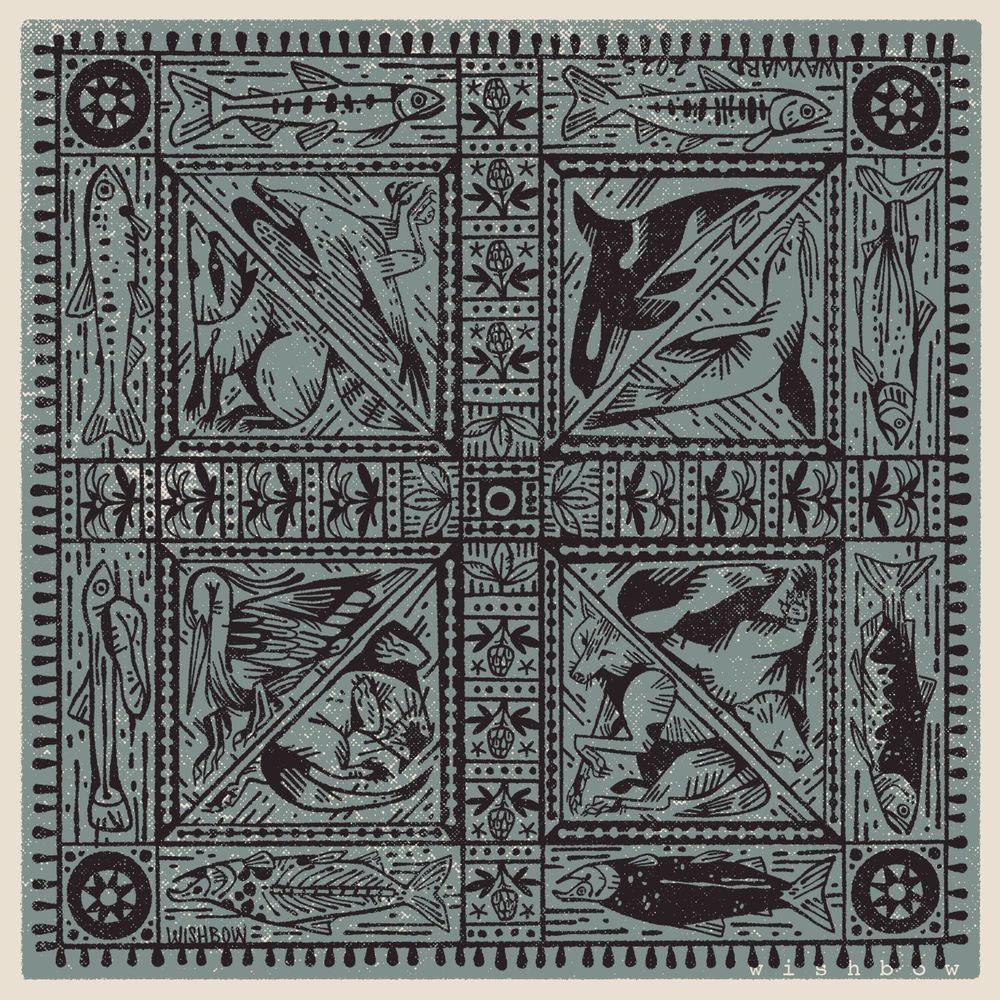 illustrated bandana design of the lifecycle of the sockeye salmon