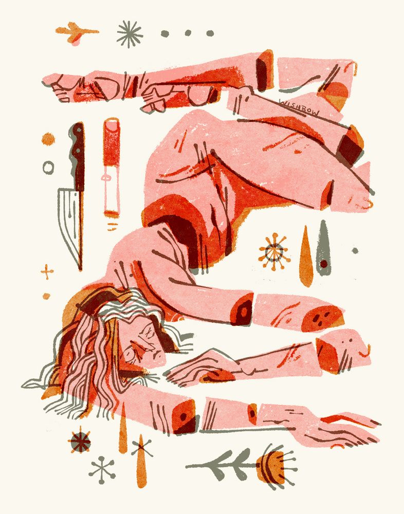 illustration of a person laying on an undefined plane, limbs chopped in several pieces. A knife and a cigarette are drawn as well. 