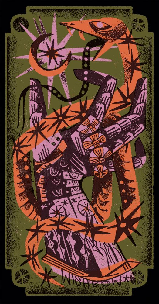 illustration of a snake being held by a gauntlet, the snake's long tongue is out