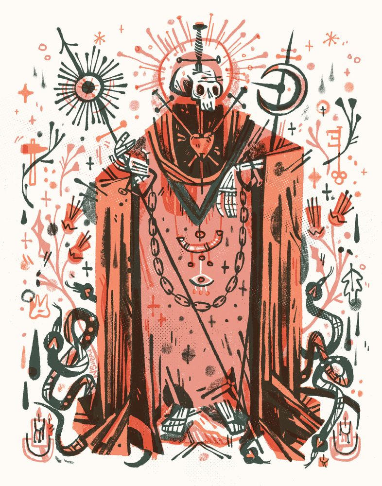 Illustration of a saint like figure with a skull, robe, surrounded by thistles and snakes 