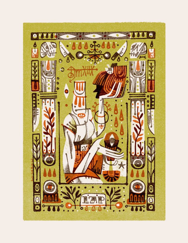 illustration of decapitated woman holding a goblet and her own head 