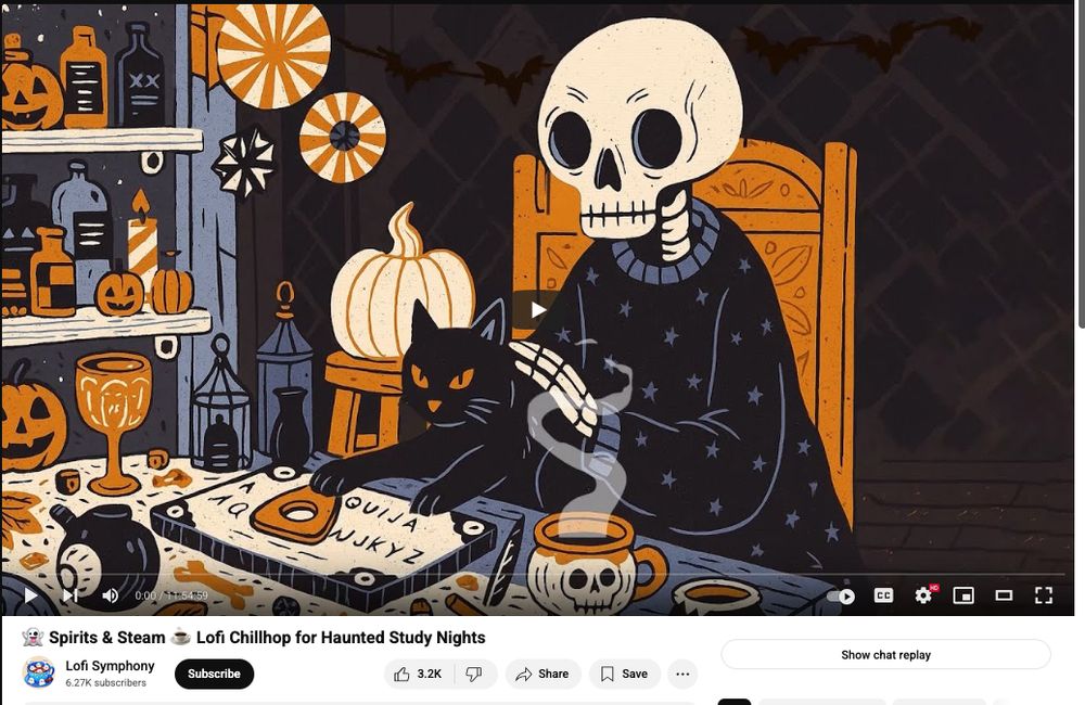 a screenshot of a youtube lofi video that ripped off an illustration of a skeleton holding a cat by pam wishbow