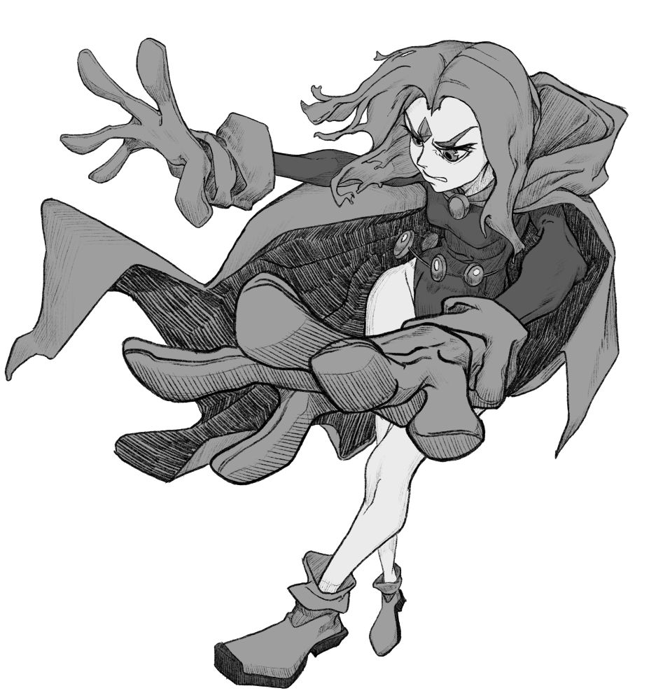 Stylized grayscale drawing of the character Raven from the 2003 Teen Titans show. She has both her hands extended forward in a hyperangle with a camera view from above, she is looking to the left with her left hand being very close to the camera, overlaping her torso. Her cape is flowing and she has a fierce look in her face. The grays are flat with the usage of hatches to convey shadows and volume.