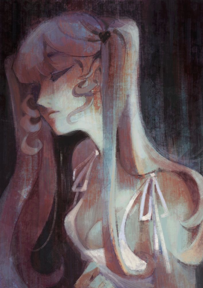 A painting of Chips' oc, Epoch (also known as Bijou), in a moody atmosphere with her eyes closed. She wears a thin, white dress with her hair is done into twin tails held by heart hairclips. 