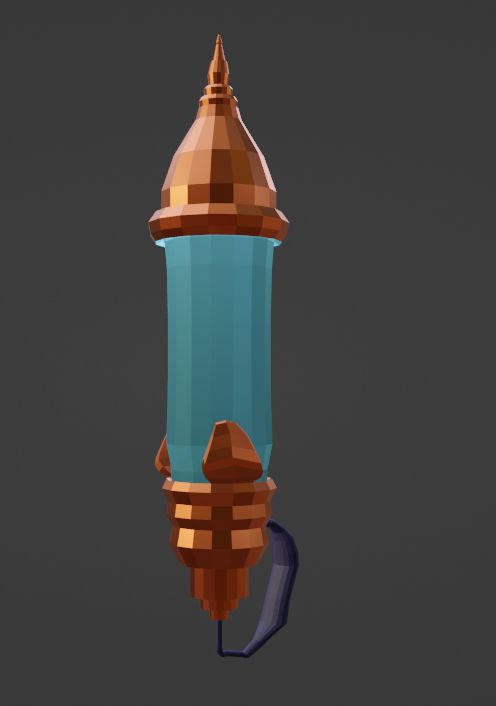 A cylindrical object made of blue glass, with a pointy bronze-top and bottom.