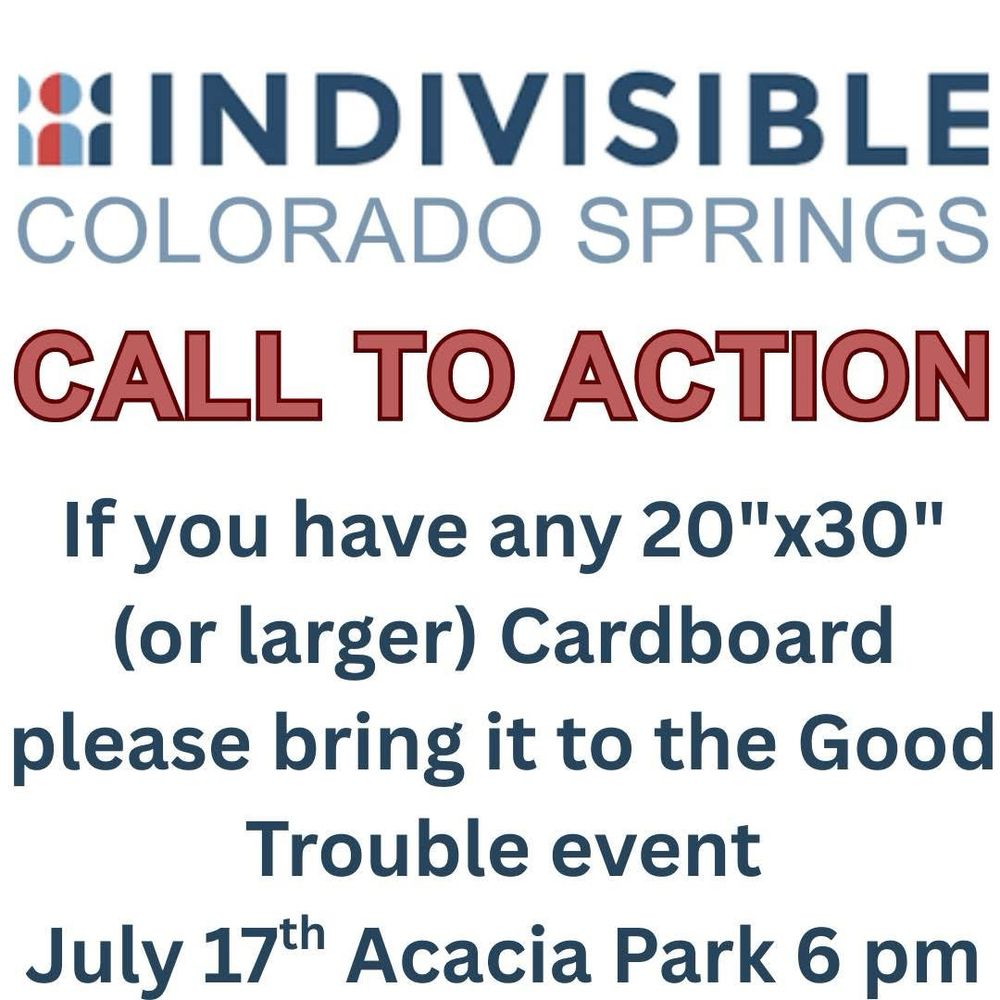 Call to action 
If you have some 20”x30” cardboard or bigger please bring them to the Good Trouble protest and drop them off at the Protecting Democracy table (tent with No Kings banner)
July 17th, Acacia Park, 6 pm
