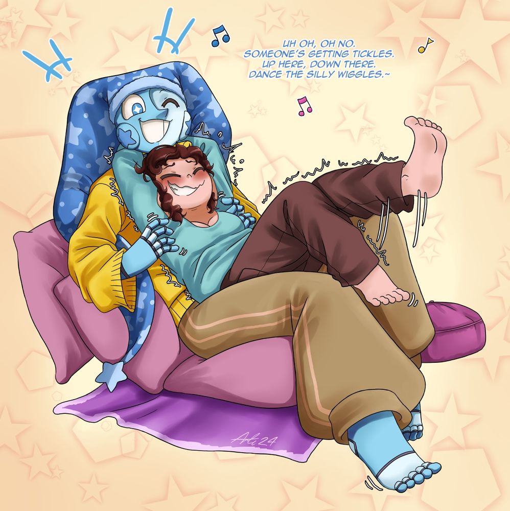 Lunar, an animatronic with a blue jester hat is tickling a woman in his lap while singing a little teasing ditty. 