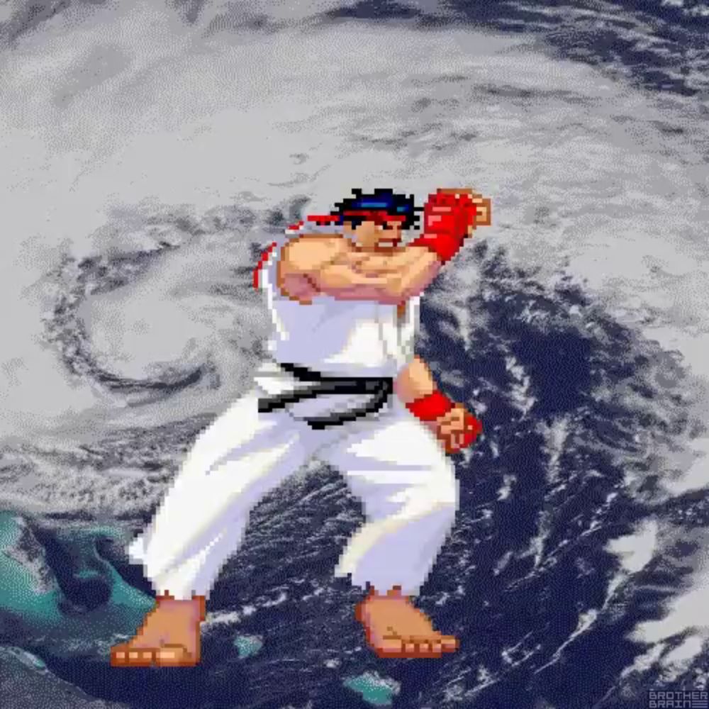 a pixel art of a fighter standing in front of a cloudy sky