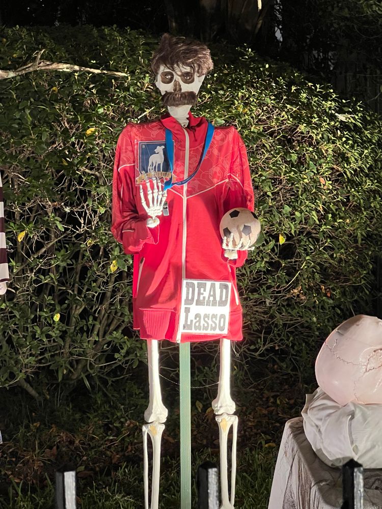 "Dead Lasso" a skeleton version of Ted Lasso at the Skeleton House in New Orleans 