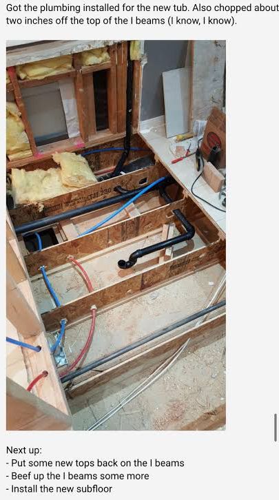 a screenshot of that one something awful thread in which a goon decided to saw through the floor joists in his bathroom to accommodate a hideous bathroom remodel the image depicts the subfloor beneath the bathtub, including the sawed-through tops of multiple joists the original text of the forum post reads, 
