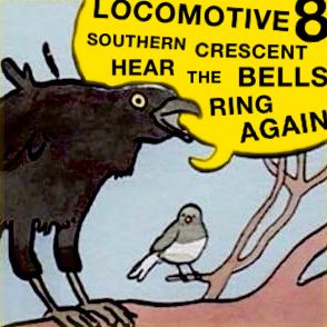 a large corvid perched on a tree branch next to a smaller bird a massive yellow speech bubble emanating from the corvid dominates the scene, 