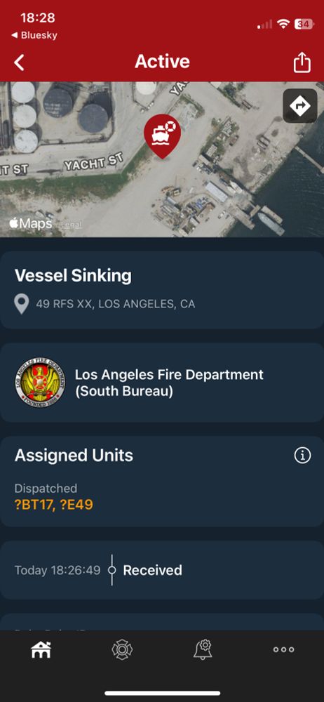 a screenshot of the pulse point app displaying a vessel sinking event at the port of los angeles near yacht street