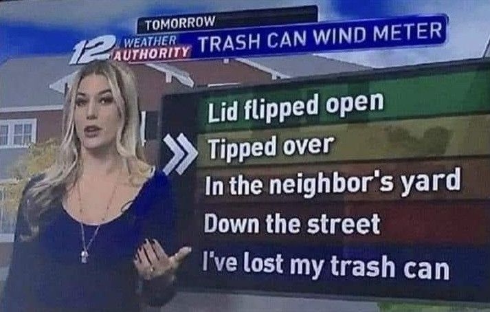 a screenshot of a local news program featuring a white woman in front of a "trash can wind meter"

the meter has five, color-coded items:

(green) lid flipped open
(yellow) tipped over
(orange) in the neighbor's yard
(red) down the street
(purple) i've lost my trash can
