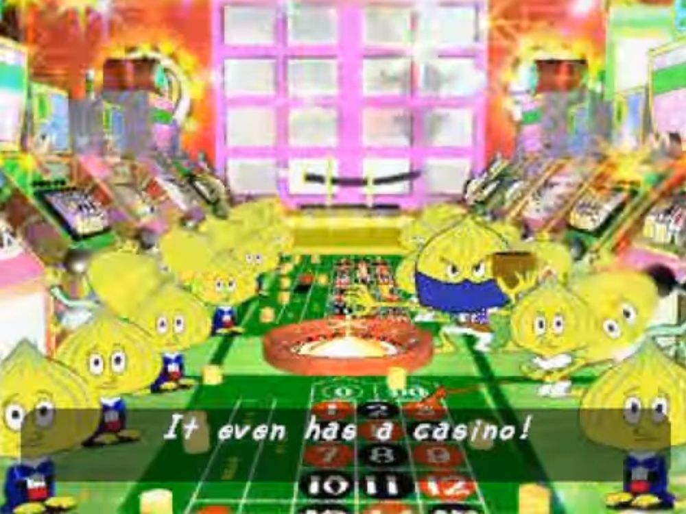 a scene from Um Jammer Lammy (1999) featuring the roulette table in the casino in chop chop master onion's dojo

the caption reads, "it even has a casino!"