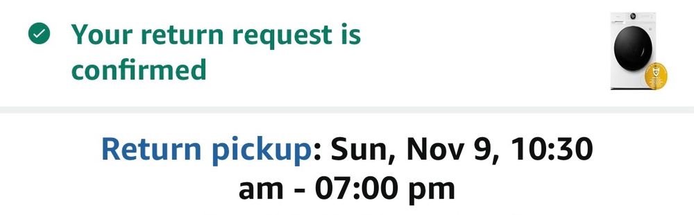 A screenshot for a return pickup that reads between 10.30am and 7pm