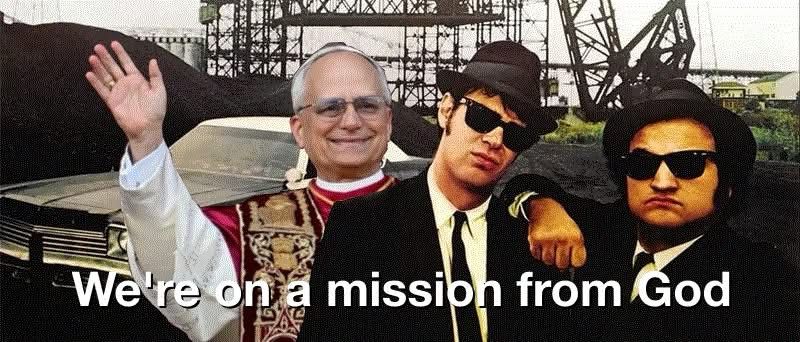 Jake and Elwood Blues from the movie "Blues Brothers" and Pope Leo XIV. Text says "We're on a mission from God"