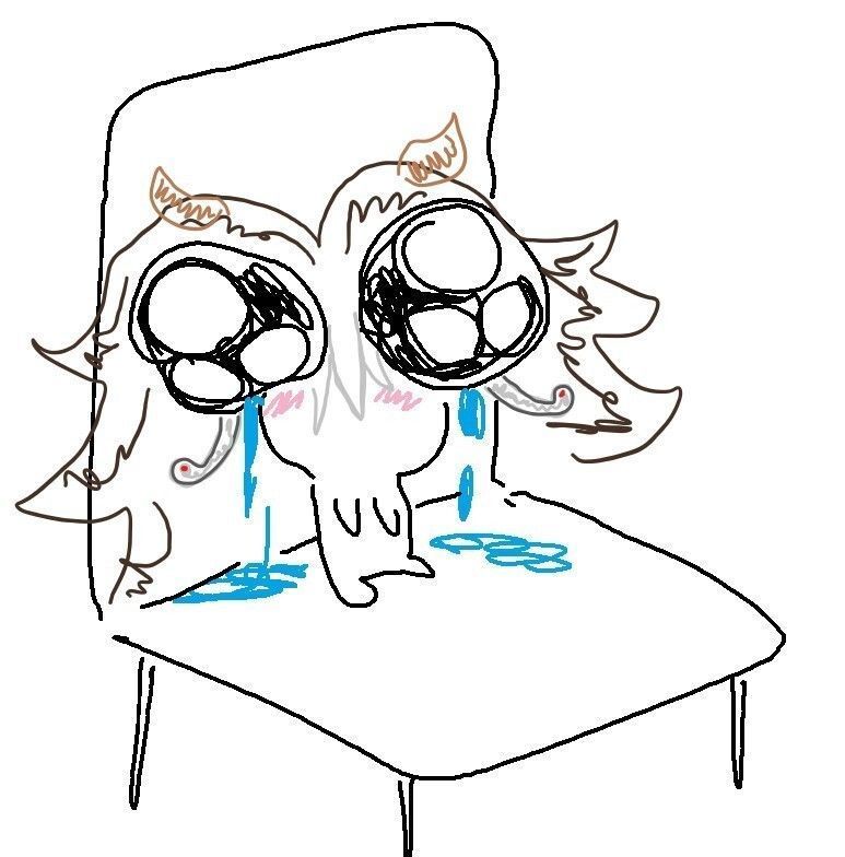 a crudely drawn meme of a character with horns sitting in a chair and crying.