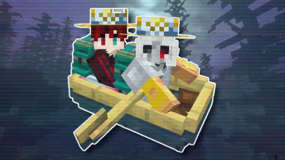 an image of two characters from minecraft in a boat edited into the dark depths of the ocean.