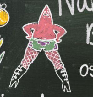 a doodle of patrick star from spongebob with high heel black boots & fishnet tights on a chalkboard.