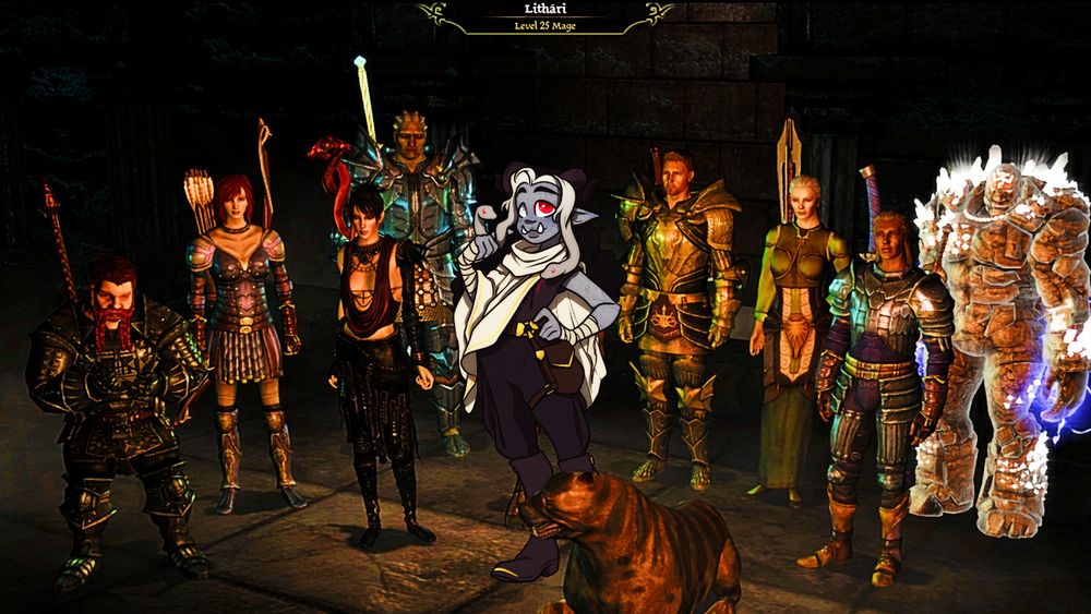 a video thumbnail of all the select screen of all the characters from Dragon Age: Origins with the character "Lithari" superimposed on the image over the main character.