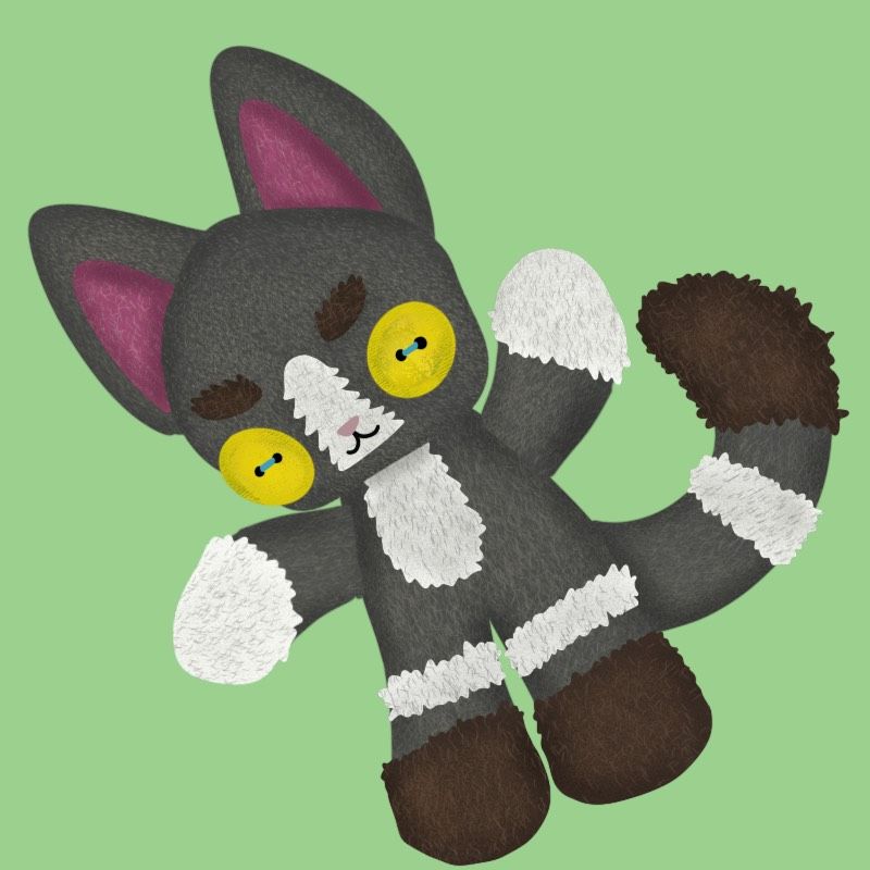 a digital drawing of a cat plushie with grey fur, brown feet and tail tip, and white paws, leg stripes, and chest. it has yellow buttons for eyes.