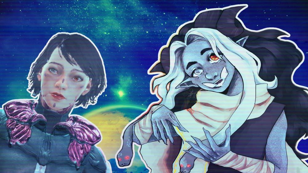 thumbnail of a character from the game Warframe on the left and art of the vtuber LithariFey on the right.