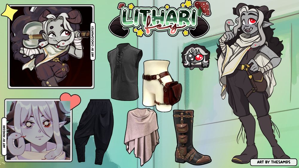 a ref sheet for a vtuber character with grey stone-like skin, brown horns, white bangs that turn into snakes, and long dark hair. light green background. a logo in the top middle with the words 'LITHARI fey' decorated with stars and mushrooms with horns protruding from each side. on the left side, an image of the character wielding an axe (art by chocomintey) and a close-up image of the character's face (art by ninegiri). in the middle, loose black pants, a loose sleeveless top with string ties at the neckline, a bag that attaches to a belt and at the leg, a beige shawl, and a boot with bags. on the right, a full-body image of the character (art by thesamds).