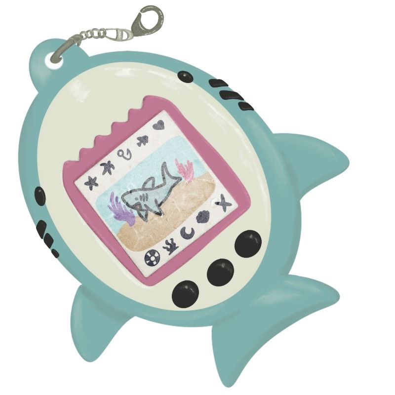 a digital drawing of a handheld gaming system (like tamagatchi) with a shark motif.