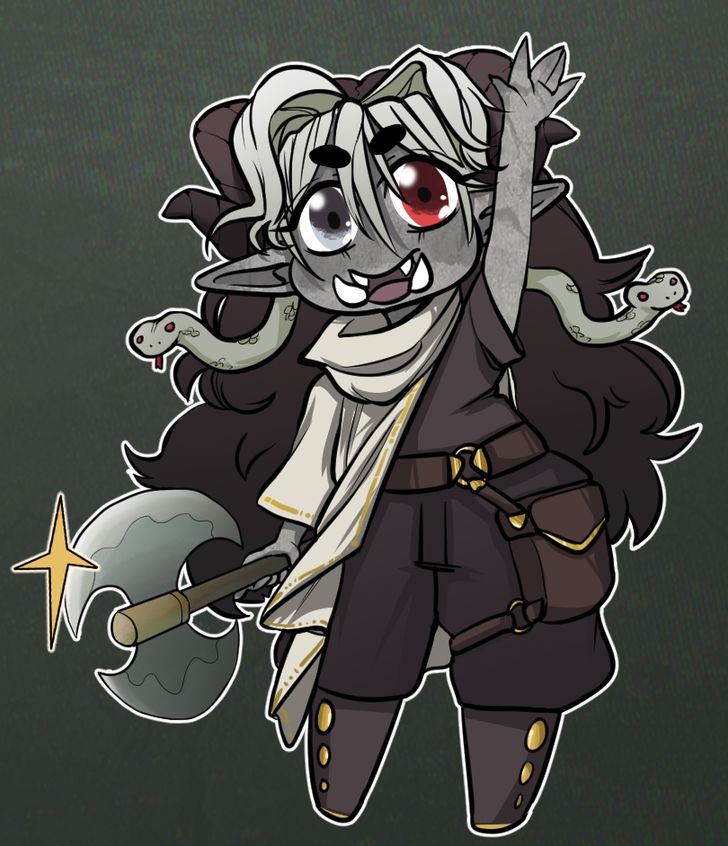 a chibi style character with horns, grey skin, snakes protruding from their hair, smiling and waving with an axe in their opposite hand.