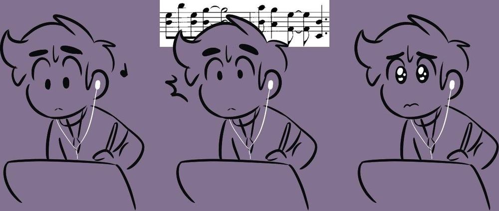 A person drawing while listening to music. The notes show the melody to 36 seconds into the song For Good from Wicked.