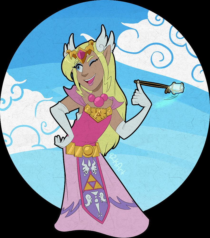 Fan art of Princess Zelda from The Wind Waker. She has her right hand on her hip, and is swinging the pirate's charm on the finger of her left hand. She's doing Tetra's wink.