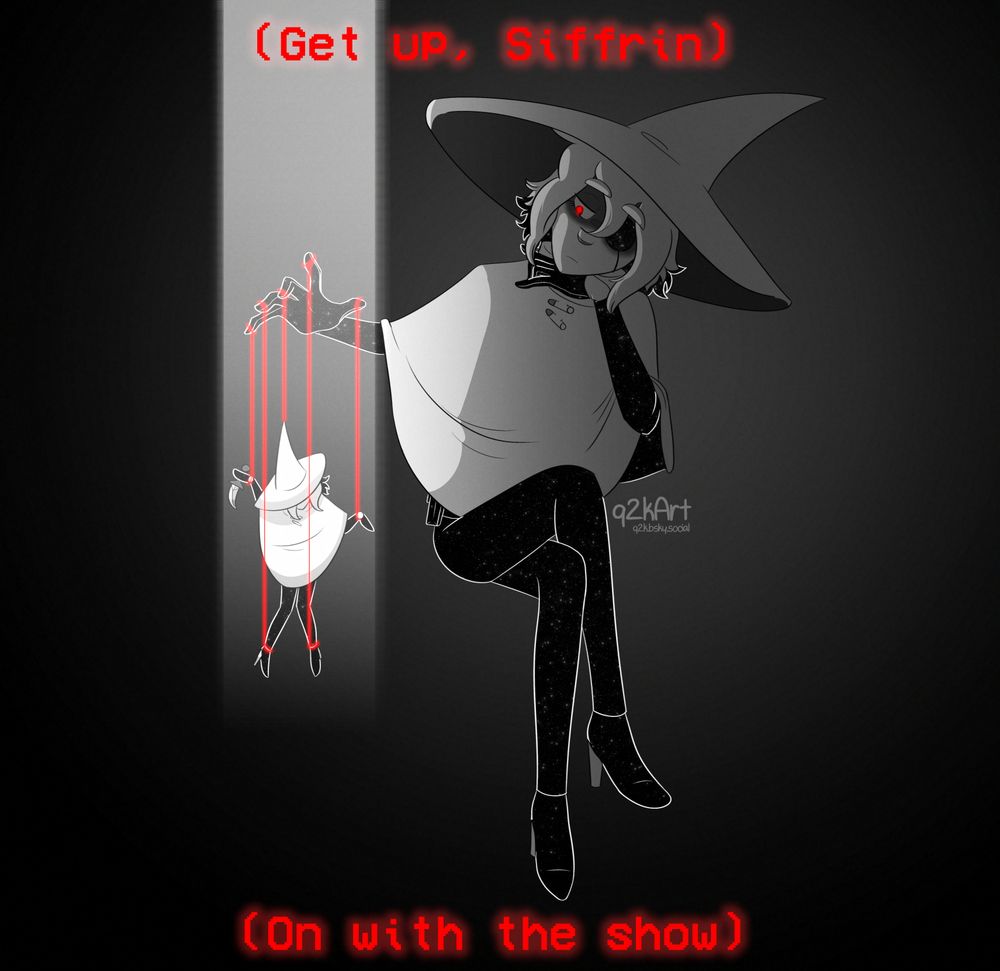 A digital drawing of Siffrin from the game In Stars and Time. He is sitting with his legs crossed and resting his chin on one hand. On the other hand he is operating a puppet version of himself with red strings.