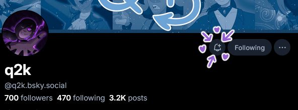 A screenshot of my bluesky profile, with arrows pointing to the notification bell icon